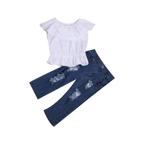 Baby Girl Kids Cute Ruffles Sleeve Summer Crop Tops Tank Top T-shirt Clothes+Jeans Pants 2pcs Outfit Set