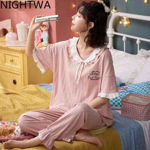 NIGHTWA 2021New Womens pajamas Cotton trousers short sleeve summer new sweet lovely large summer wear home suit loose
