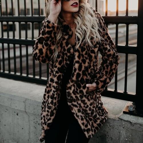 Luxury Women Long Sleeve Lapel Collar Leopard Print Woolen Thick Warm Midi Coat
