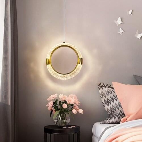 Luxury Bedside Iron&Crystal Pendant Lamp Warm and Romantic Bedroom Lights Golden Cycle Creative Long-Line Living Room Led Lights