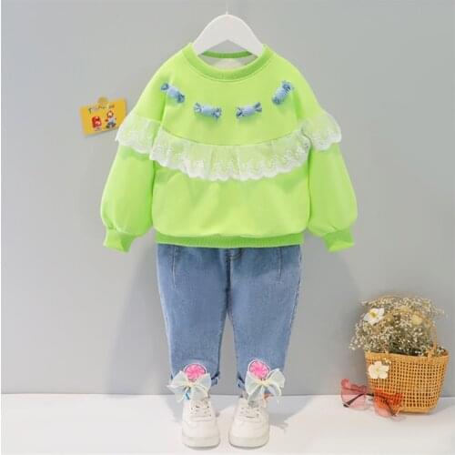 Childrens Clothing Spring and Autumn New Girls Long-Sleeved Sweater Suit Girl Bottoming Shirt Jeans Two-Piece Trend