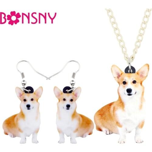 Bonsny Acrylic Sweet Welsh Corgi Pembroke Dog Jewelry Sets Earrings Drop Necklace Pendant Cute Animal Pets Gift For Women Girls