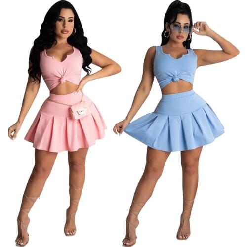 Solid Color Round Neck Sleeveless Sexy Crop Vest Tops & Pleated Mini Skirt Two Piece Sets Women Summer New Arrival Suits