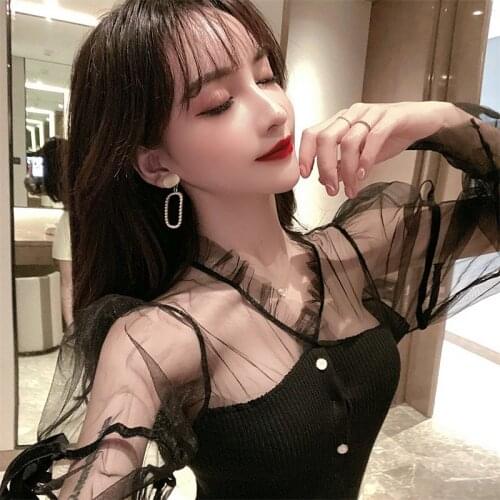 Woman Sweaters Pullover Spring Black Long-Sleeved Sweater Womens Mesh Stitching Puff Sleeve V-neck Knitted Top Femme Chandails