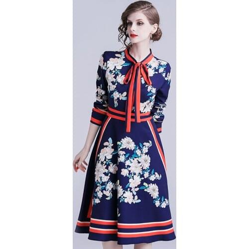 Fashion Printing Delicate Comfortable Simplicity Womens Ladies Runway Designer Inspired Luxury Floral Tie Pearl Buttons Dress