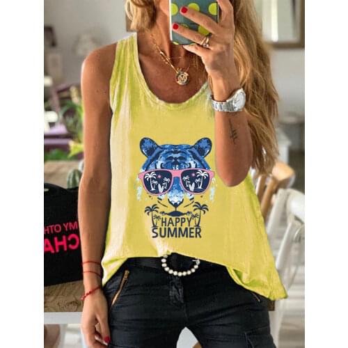 Summer Women Waistcoat 100% Cotton Blue Tiger Printed Female Steeveless Fashion Vintage Tank Tops Loose Ladies Graphic Camisole