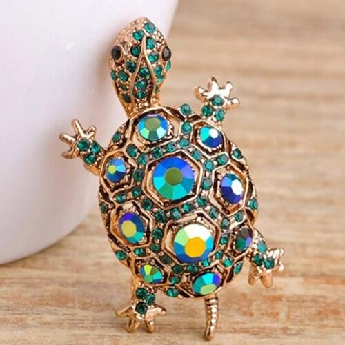 12pcs/lot Wholesale Green Rhinestone Vintage Tortoise Brooches Kids Gift Animal Hijab Pins Bags Accessories Small Pin Brooch