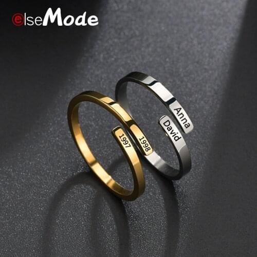 ELSEMODE Customized 2 Names Date Women Adjustable Rings Stainless Steel Adjustable Custom Jewelry for Lover Gifts