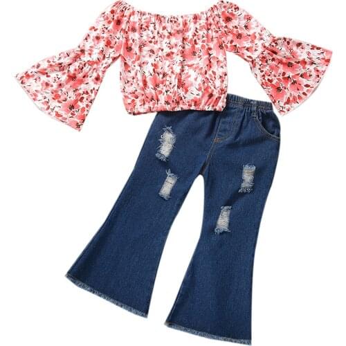 1-6Years Toddler Girl’s Fashion Clothing Set T-shirt Trousers Floral Trumpet Sleeve Tops Ripped Denim Pant