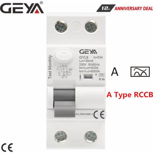 GEYA A Type RCD Earth Leakage Circuit Breaker AC ELCB 2 Pole 40A 63A 30mA 100mA 300mA RCD RCCB