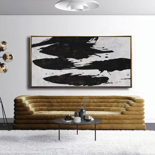 Horizontal Wall Art Canvas Painting, Minimal Art Black White Abstract Painting Canvas Art, Painting