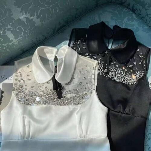 Luxury Fashion Diamonds Women A-Line Dresses Black Color Summer Sleeveless Mesh Patchwork Retro Birthday Dress Vestido Clothing