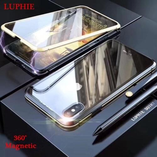 LUPHIE Magnetic Adsorption Metal Flip Case For iPhone 11 12 Pro XS MAX XR 8 7 6 Plus Tempered Glass Back Protection Magnet Cover