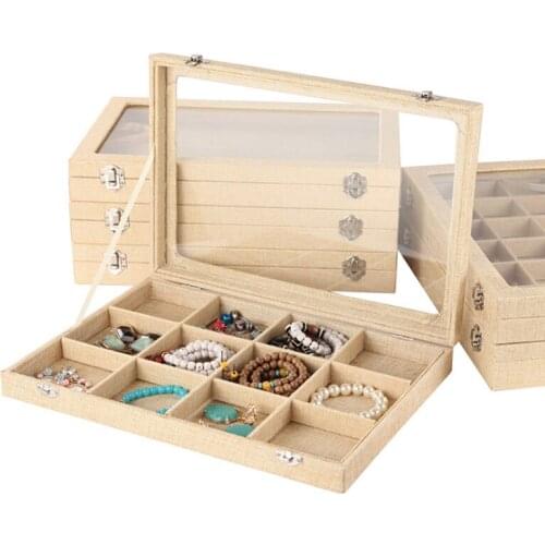 Multiple Choice Linen Handbag With Glass Cover Jewelry Ring Display box tray rack Storage box Organizer Earrings Ring Bracelet