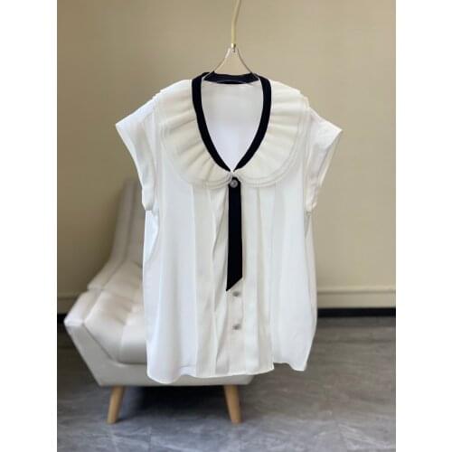 Fashion women 2021 new short-sleeved casual color contrast pleated ruffled top 0404