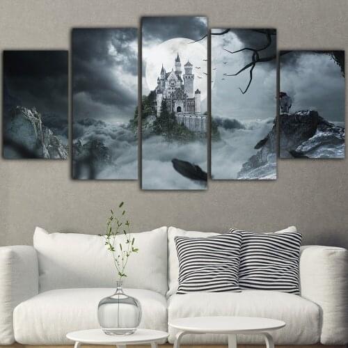 Wall Art Home Decor Old Castle Canvas Print Painting Modern Gloomy Poster Black and White Modular Pictures Framework For Bedroom