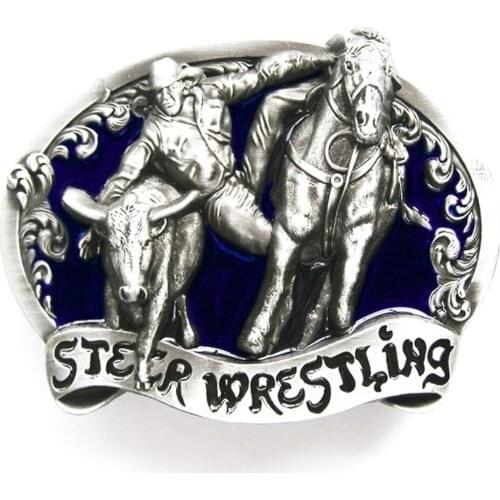 New Vintage Original Blue Enamel Rodeo Steer Wrestling Western Belt Buckle Gurtelschnalle Boucle de ceinture