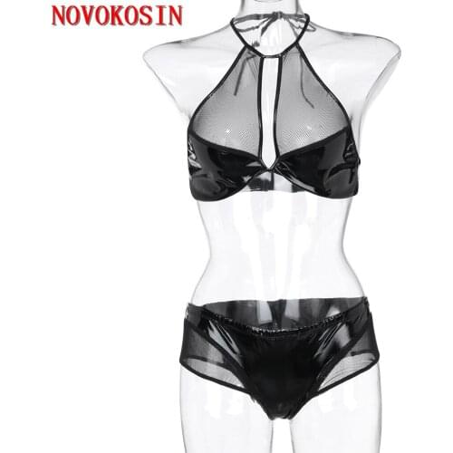 New Arrival 2020 Sexy Lingerie Bikini set Black Faux Leather Halter Tulle Net Bra Teddy Underwear Hot Night Party Bandage Set