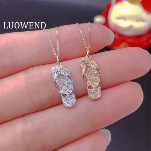 LUOWEND 100% 18K White Gold Pendant Necklace Natural Diamond Necklace Fashion Slipper Shape Design Birthday Gift for Women