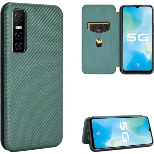 Carbon Fiber Pattern Case For Vivo Y73S S7e 5G Card Holder Magnetic Protective Flip Cover