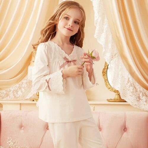 2 Piece Pajamas For Girls Lace V Neck Long Sleeve Sleepwear Autumn Winter Soft Cotton Pijamas Daily Night Wear Home Clothes