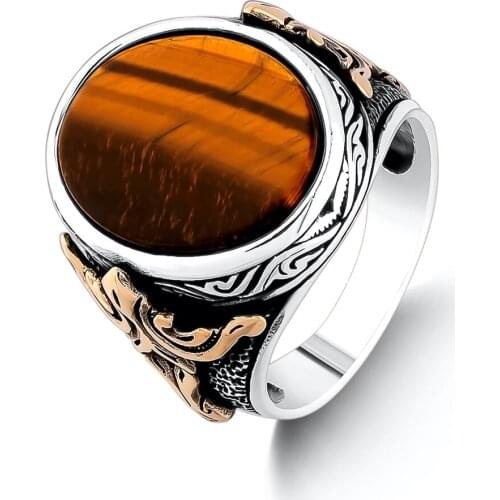 Silver Oval Brown Tiger Eye Gemstone Ring High Quality Fashionable Ottoman Motif Men Ring 925 Sterling Silver