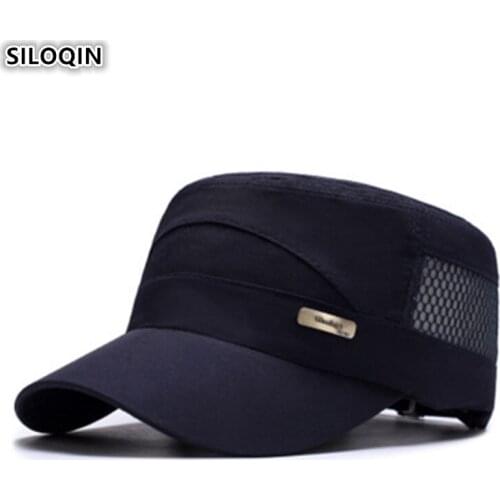 SILOQIN Summer Fashion Sports Quick-drying Military Hats Mens Flat Cap Adjustable Solid Color Simple Mesh Breathable Visor Hat
