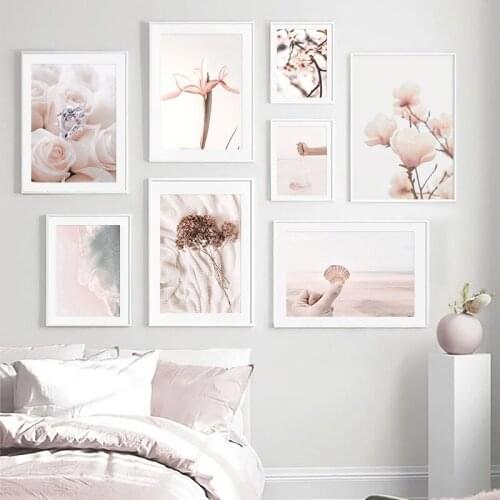 Scandinavian Fashion Poster Picture Pink Flowers Beach Walll Art Print Landscape Canvas Painting Modern Living Room Decoration