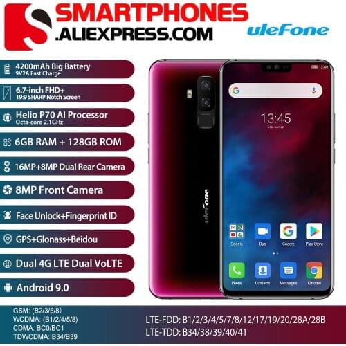 Ulefone T2 Dual 4G Smartphone 6.7'' FHD+ Helio P70 6GB+128GB Android 9.0 16MP+8MP 4200mhA Cellphone NFC Wireless Charging