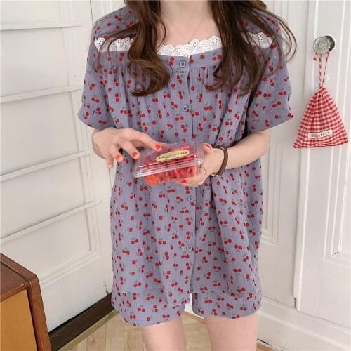 Purple cherry pajamas set summer homewear women 2 piece set sleepwear full cotton loungwear top shorts suit home clothes Y638