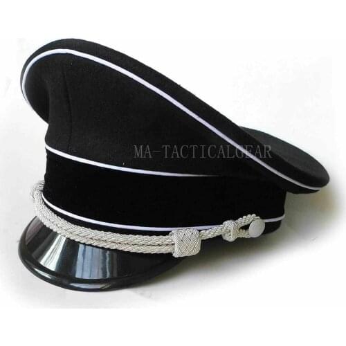 Tomwang2012. WW2 WWII German ARMY M32 Officer Visor Hat Cap Black Chin Pipe silver Cord MILITARY HAT COLLECTION WAR REENACTMENTS