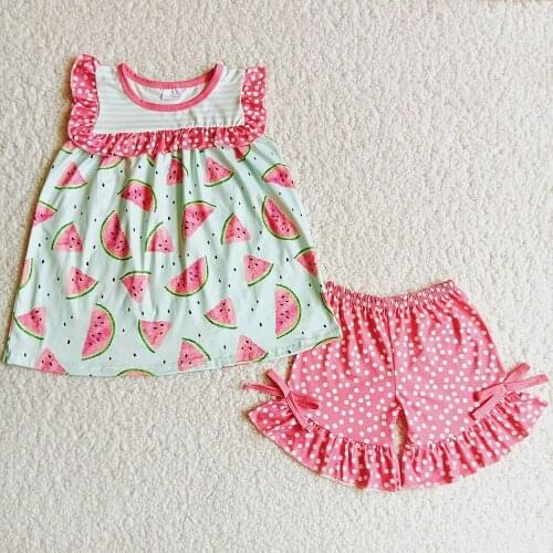 High Quality Kids Suumer Watermelon Print Outfit Girl Fashion Solid Color Shorts 2Pieces Set With Pink Bow