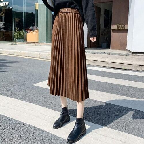 2020 Autumn& Winter New Elastic High Waist Slimming Thick Casual All-match Stretch Women Woolen Pleated Long Skirt Free Shipping