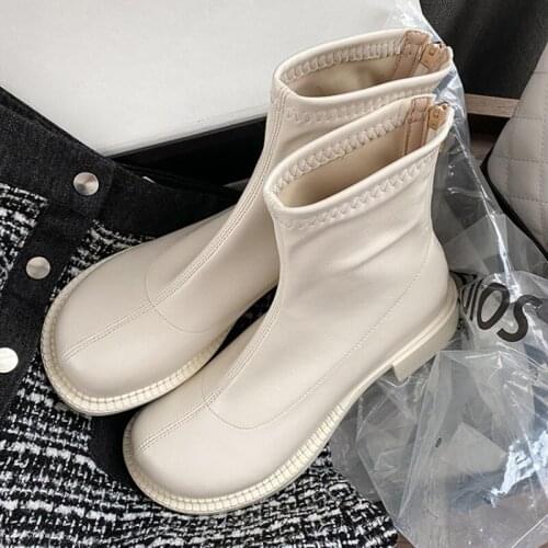 Stylish Big Round Toe Boots Woman Fall Winter Stretch Microfiber Leather Ankle Boots Shoes Women Back Zipper Dress Sock Boots 43