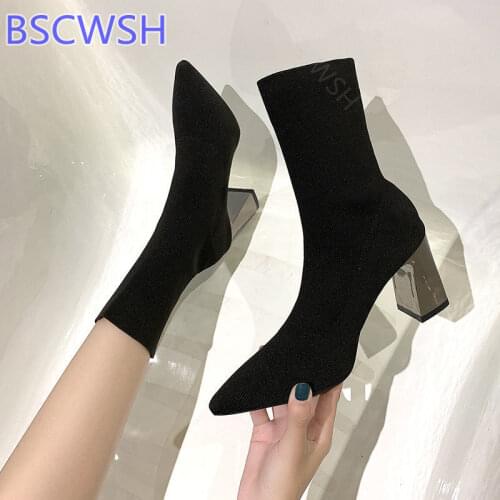 Pointed Toe High-heeled Thin Boots Womens 2021 Autumn Winter New Knitted Socks Boots Mid-tube Stretch Black Botines Mujer