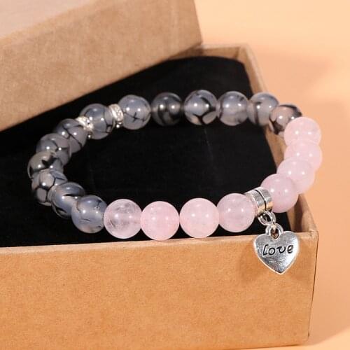 Women Pink Quartz Purple Crystal Dragon Onyx Beads Bracelet Love Heart Lucky Clover Charm Bracelets Natural Stone Jewelry Gifts