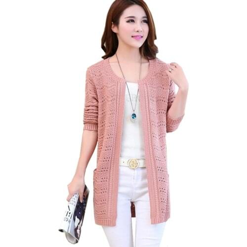 Fashion Knit Cardigan Spring Autumn Womens Hollow Sweater coat Korean Medium Long Loose Female Shawl Thin Knitted Casual Tops