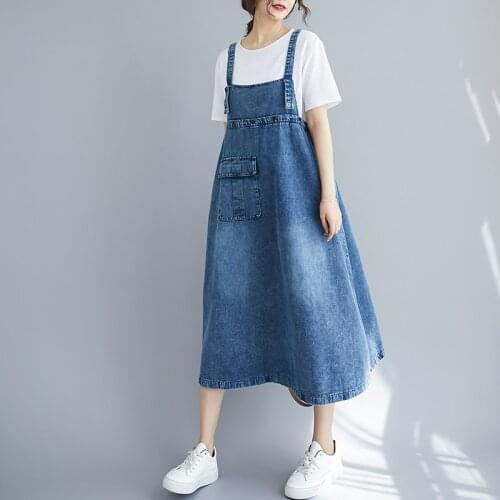 Plus Size Denim Bib Dresses for Women 2021 New Spring Autumn Solid Color Spaghetti Strap Jeans Long Overall Dress Vestidos