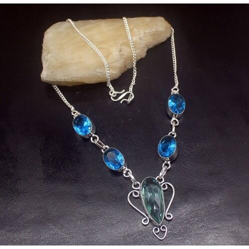 Hermosa Jewelry Sparkle New Arrival BlueTopaz Silver Color Women Ladies Gifts Pendant Necklace Chain 44cm 20213388