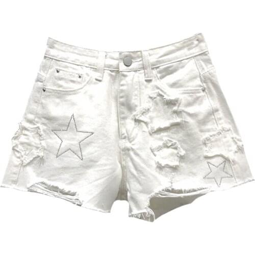 2021 Summer Womens New Frayed Denim Shorts Hot Pants Casual Thin Wide-leg Pants Womens Korean Style Diamond Jeans Shorts Femme