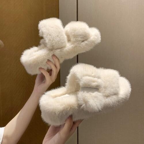 2021 Platform Fluffy Home Slippers Women Faux Fur Slippers Cozy Furry Slides Open Toe Slip-On Soft Slipper Floor Plush Warm Shoe