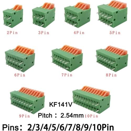 5Pcs KF141V 2.54mm Pitch Green PCB Bent Foot Connectors 2/3/4/5/6/7/8/9/10 Pin Spring Screwless Terminal Blocks