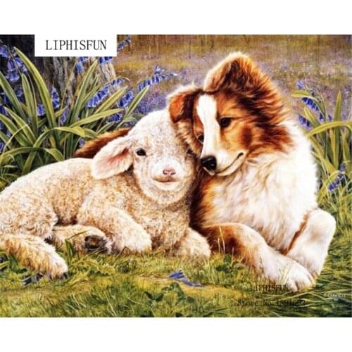 5D DIY Diamond Painting Cross Stitch Beadwork Rhinestones Needlework Diamond Embroidery Dog And Sheep Animal Home Decoration