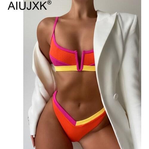 AIUJXK 2021 Block Color Sexy Bikini Set Women Summer BeachWear Swimwear Female 2 Piece Swimsuit Brazilian Bikinis Thong Lingerie