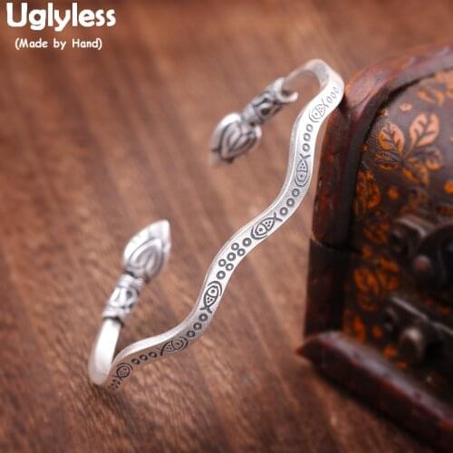 Uglyless Real 990 Silver Lotus Open Bangles for Women Personalized Waved Fishes Bangle Thai Silver Lotus Flowers Jewelry BA595