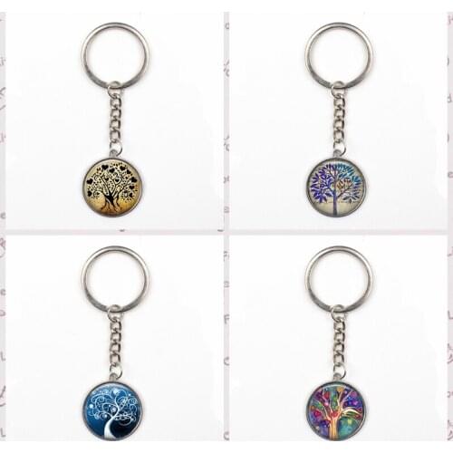 Retro life tree keychain glass round key ring accessories kids create pendant charm car key bag men women favorite gift souvenir