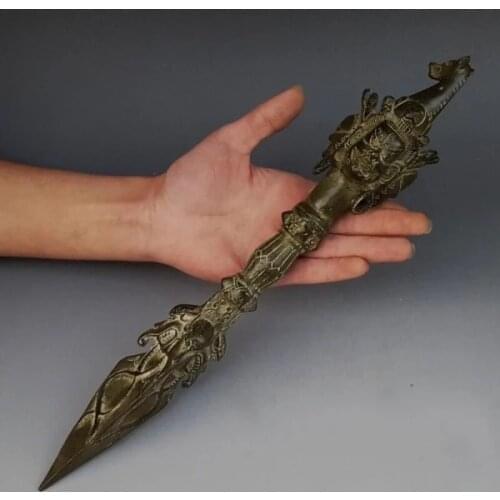 LONG 35 CM/14 INCH COLLECTIBLE TIBET OLD BRONZE CARVED VAJRA JIANG MOCHU SCULPTURE/ANTIQUE DAGGER/HORSE HEAD SWORD STATUE R2007