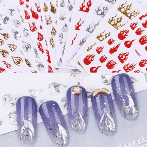 Holographic Flame Nails Sticker Art Fire Nail Decals Gold Silver Fires On Manicure Stencil Stickers On Nails