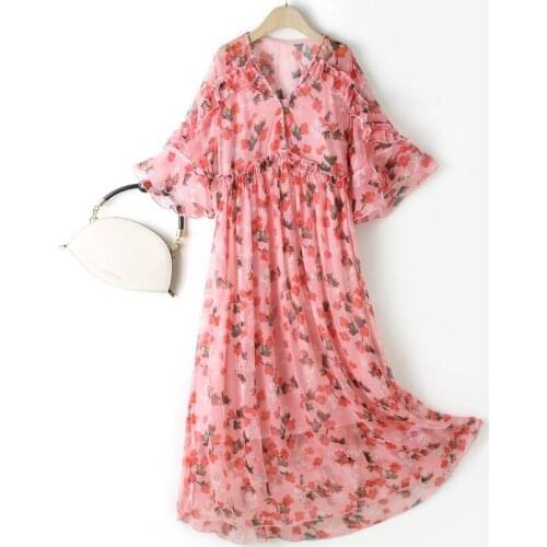 Summer Dress 2021 100% Silk Midi Dress Female Floral Dresses for Women Casual Korean Fashion Two-piece Vestido De Mujer Pph4996