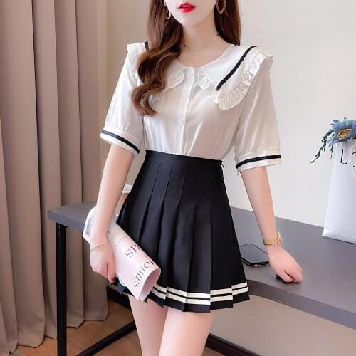 Summer college style sweet age-reducing doll collar chiffon shirt wild pleated black dress two-piece solid color